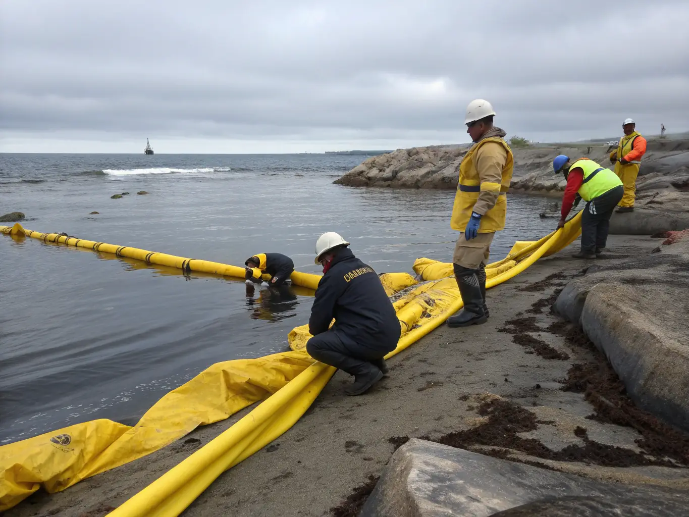 A team of specialists deploying spill containment booms along a shoreline with oil spill in the background, showcasing Leo Energy Solutions' oil spill response service.