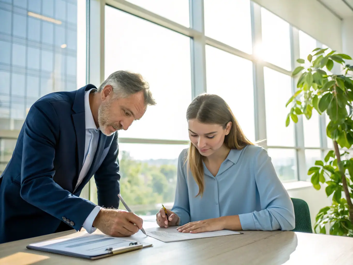 A consultant presenting environmental compliance strategies to a corporate client in a modern office, illustrating Leo Energy Solutions' consultancy service.