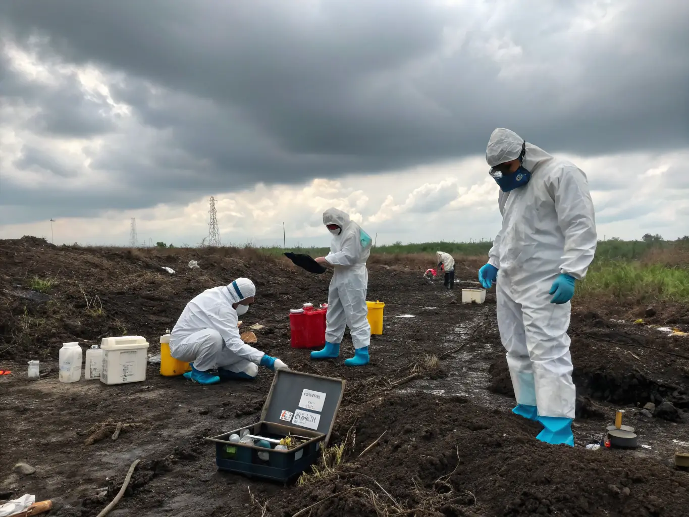 Environmental engineers inspecting a contaminated site with safety gear and containment equipment, representing Leo Energy Solutions' hazard control service.